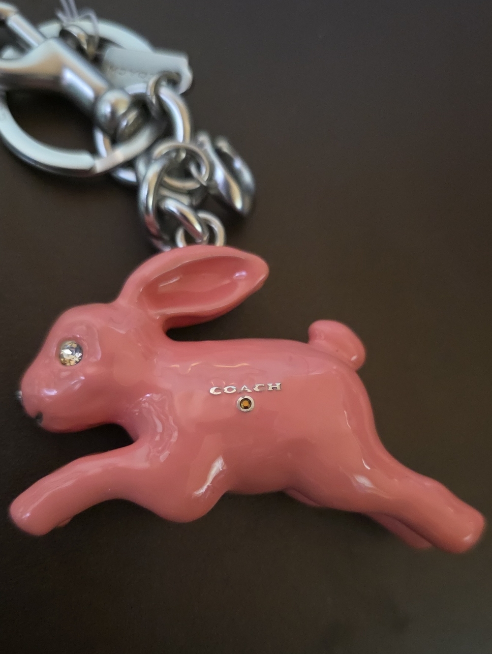 Coach Pink Bunny Keyring Charm with Silver Hardware Nwt